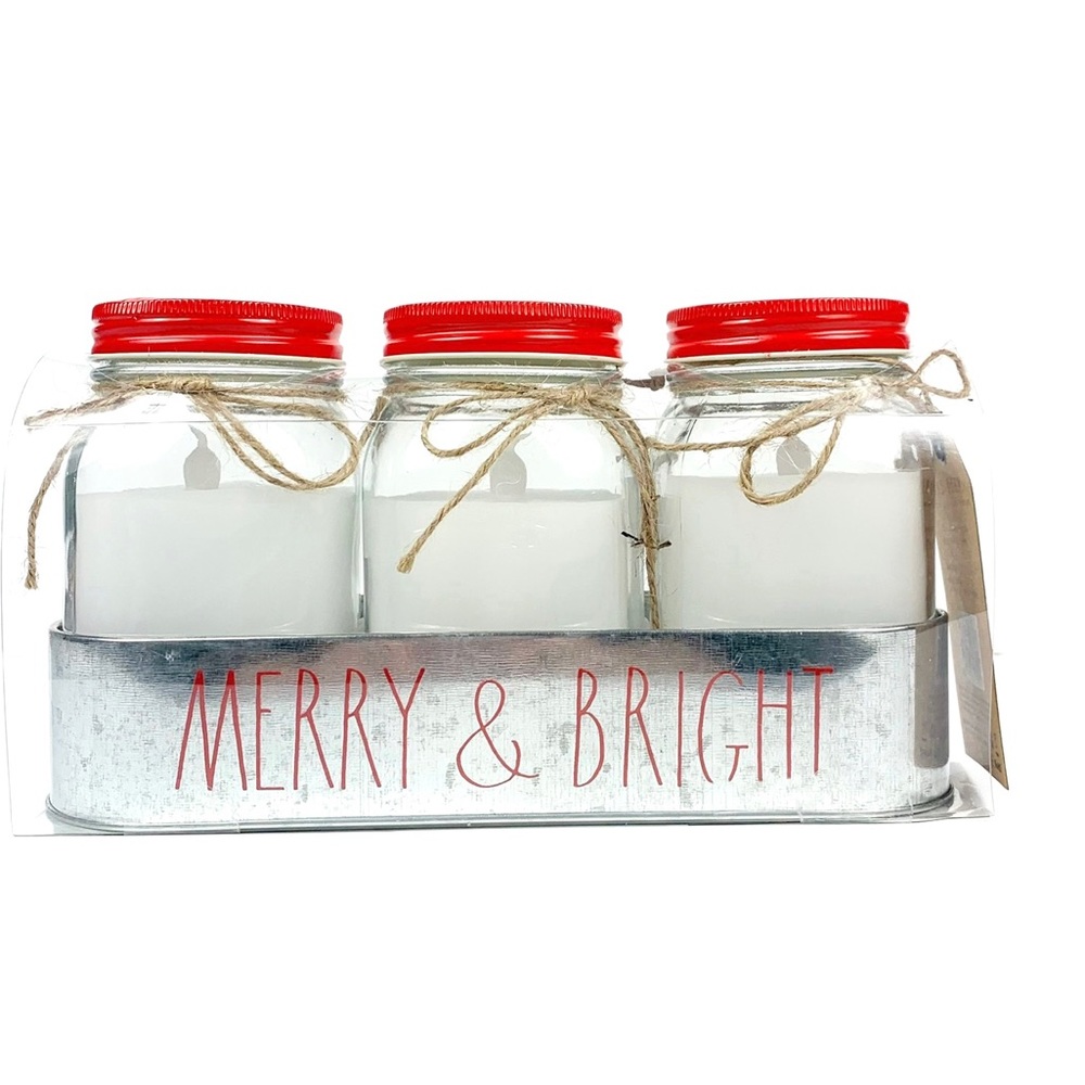 NEW Rae Dunn 3 Flameless Mason Jar  Candles & Caddy Set Red/White